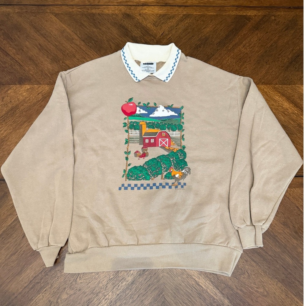 Vintage Gopher Sport Farm Barn Graphic Collared Sweatshirt Tan Made in USA L